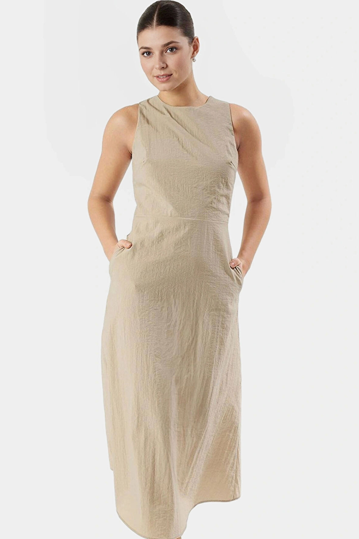 Polyester Dokuma Midi Elbise A Line Kesim Bisiklet Yaka Rahat Yazlık Ve Şık