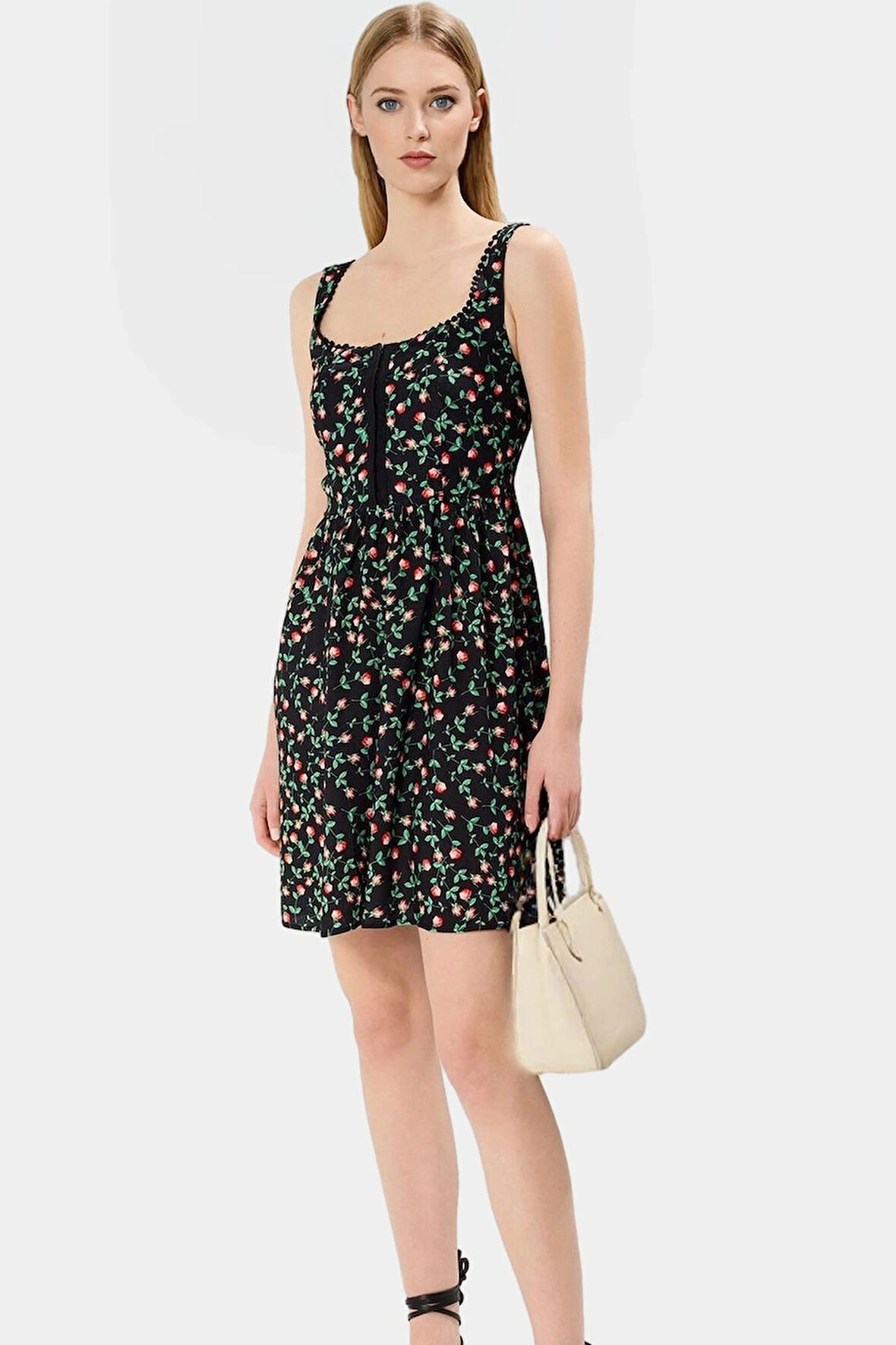 Dokuma Viskoz Mini Elbise Çiçek Desenli Skater Rahat Yazlık Seçkin Malzeme