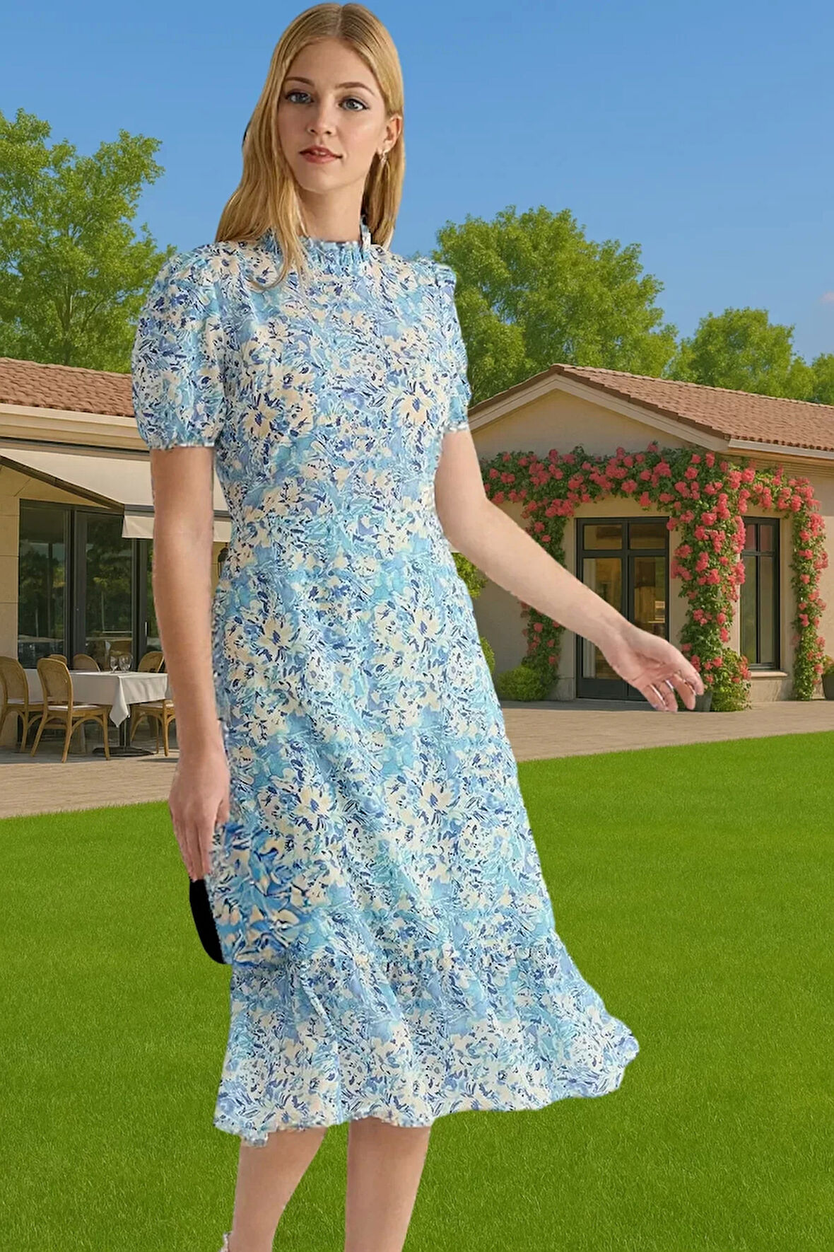 Feminen A Kesim Çiçekli Midi Elbise Polyester Dokuma Kısa Balon Kol Rahat Kullanım Rahat Ve Şık