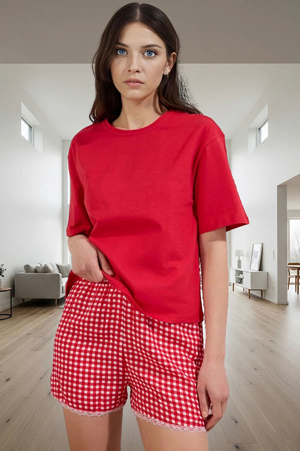 Homewear Ekose Dantel Detaylı Şortlu Pijama Takımı %100 Viskoz Modern Stil Özenle Seçilmiş