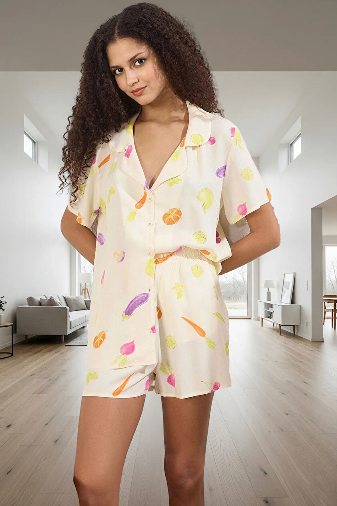 Rahat ve Şık %100 Viskon Sebze Desenli Pijama Takımı Şortlu Seçkin Malzeme