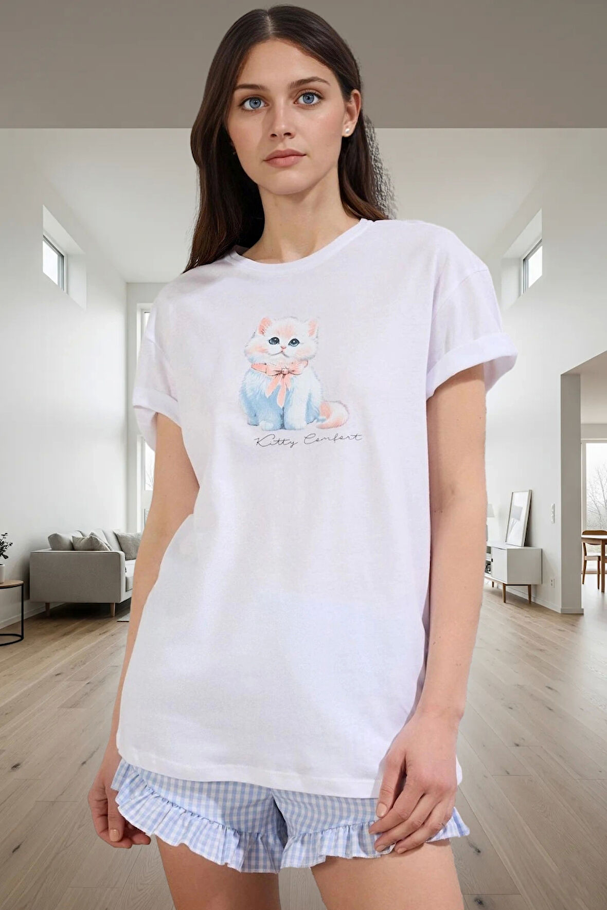 Kedili Pamuk Pijama Fırfırlı Şortlu Rahat Takım Profesyonel Görünüm Kaliteli İşçilik