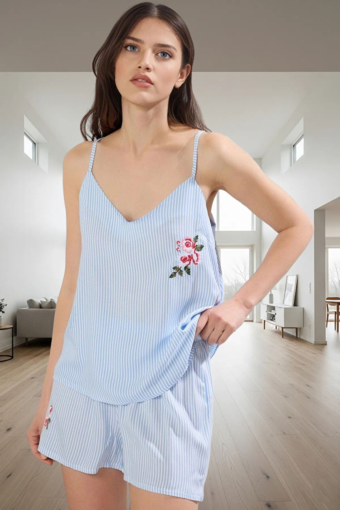 Rahat Yazlık Pijama Çizgili Dokuma Viskoz Atlet Şort Takımı Premium Kalite Trend Tasarım