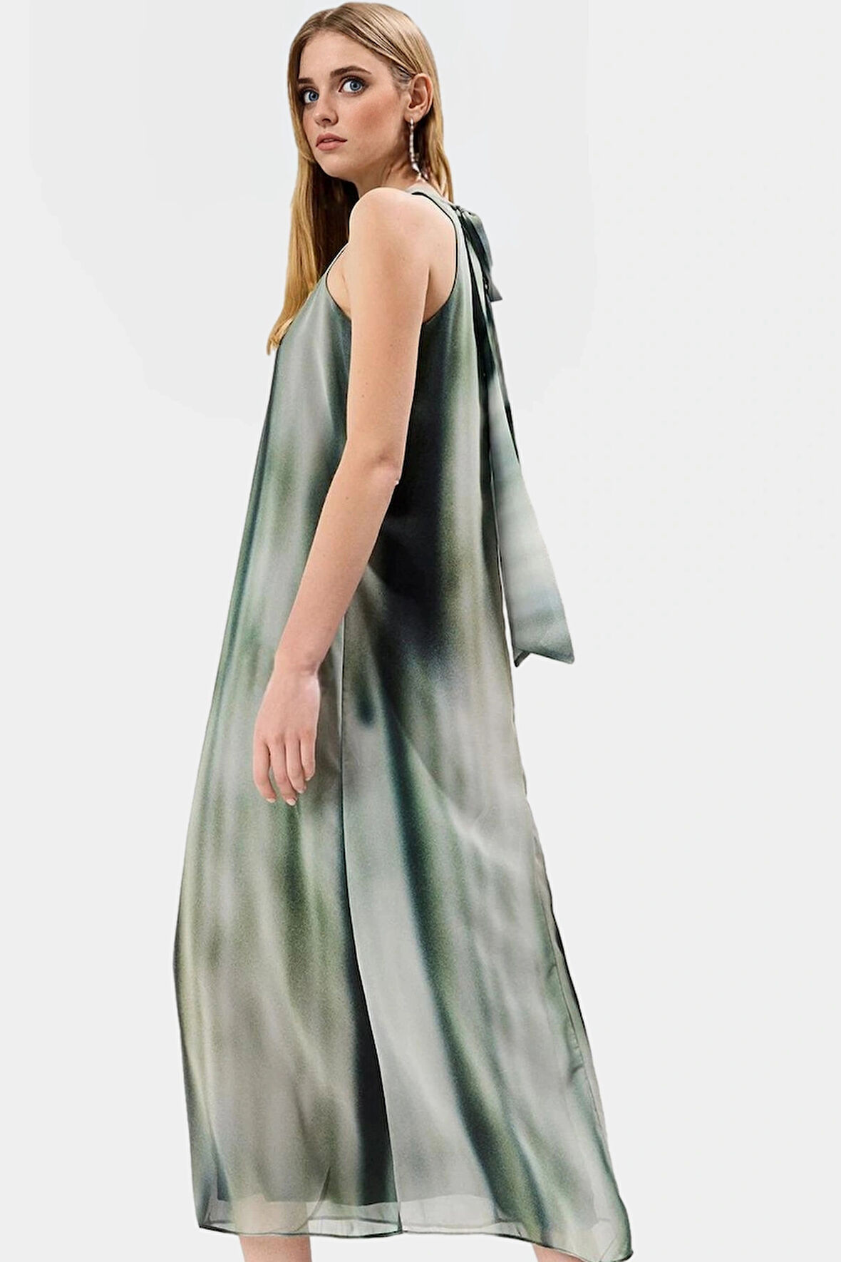 Polyester Şifon Maxi Elbise Dik Yaka Kolsuz Soyut Desen Boy Relaxed Fit Mükemmel Uyum