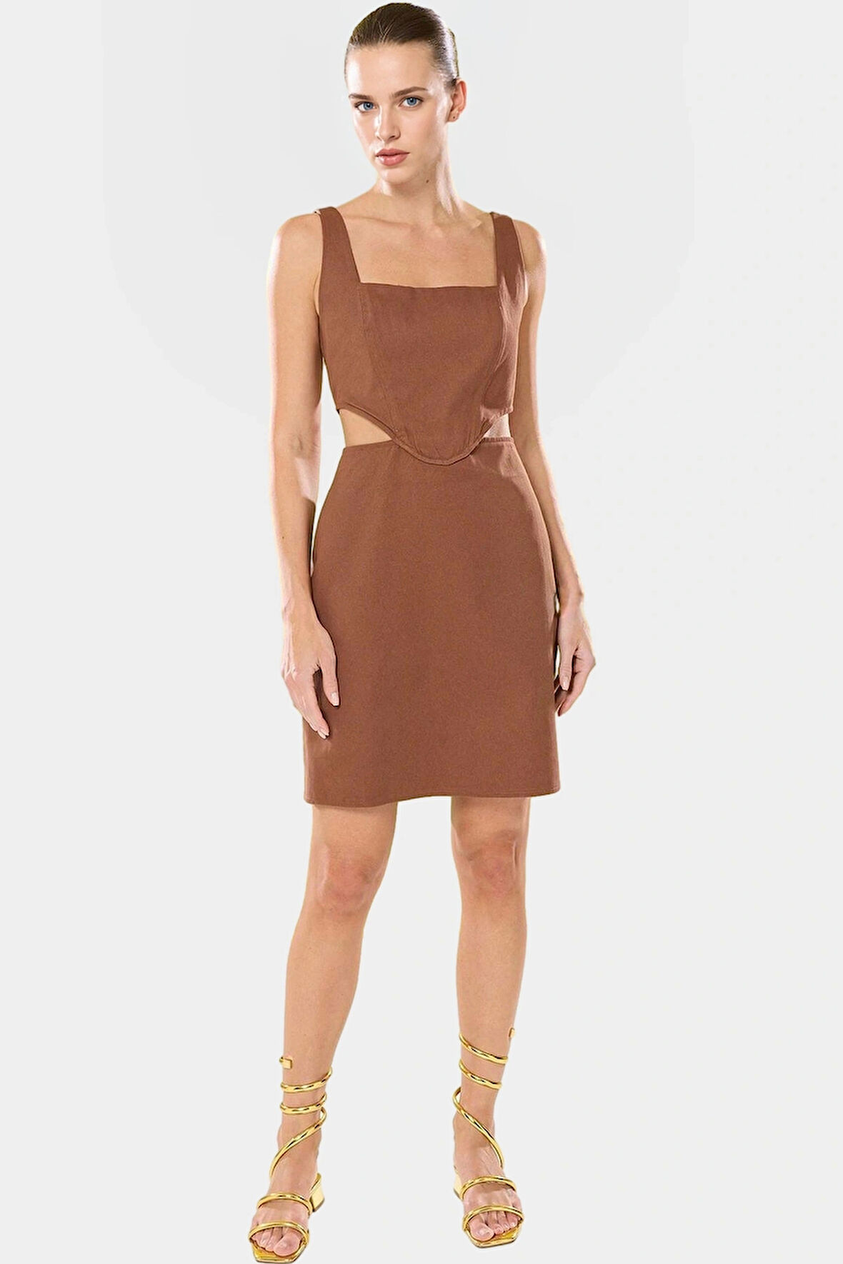 A Line Gabardin Mini Elbise Kolsuz Kare Yaka Cut Out Detay Pamuk Rahat Kullanım