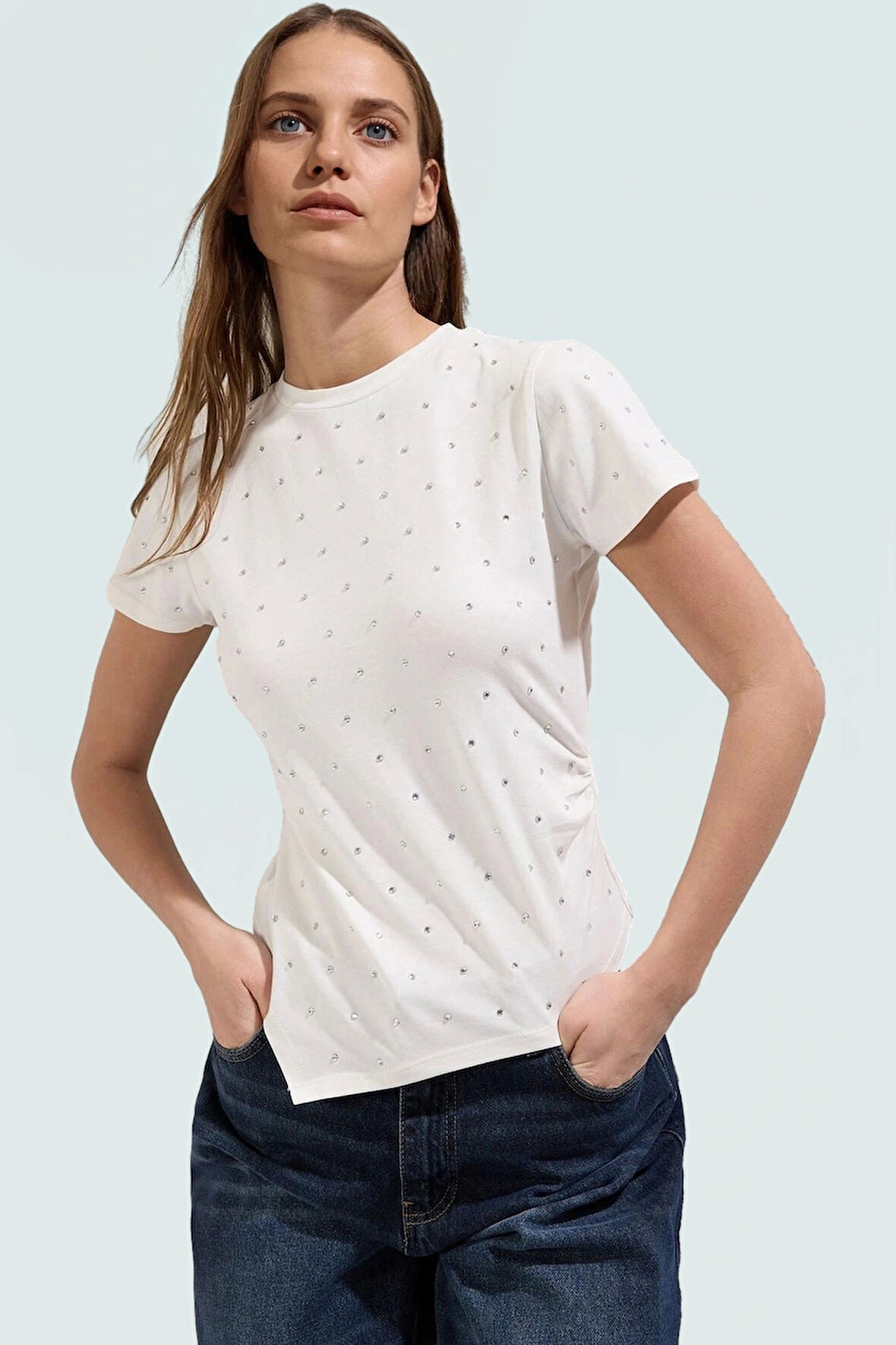 Parıltılı Taş Detaylı Pamuklu Örme T shirt Rahat Şık Yazlık Zarifane Tasarım Trend