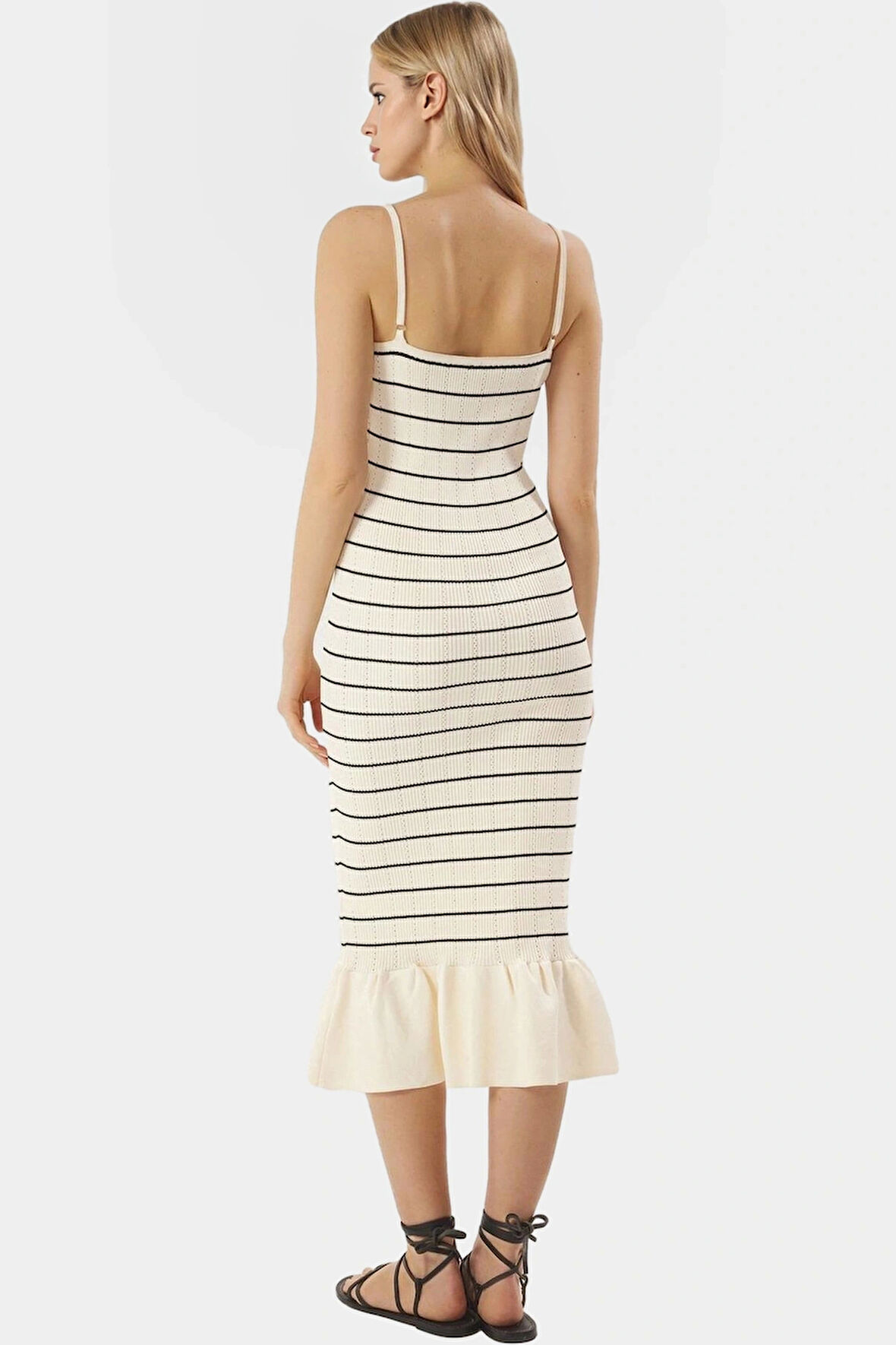 Polyester Triko Midi Elbise V Yaka Çizgili Desen Bodycon Yazlık Profesyonel Görünüm