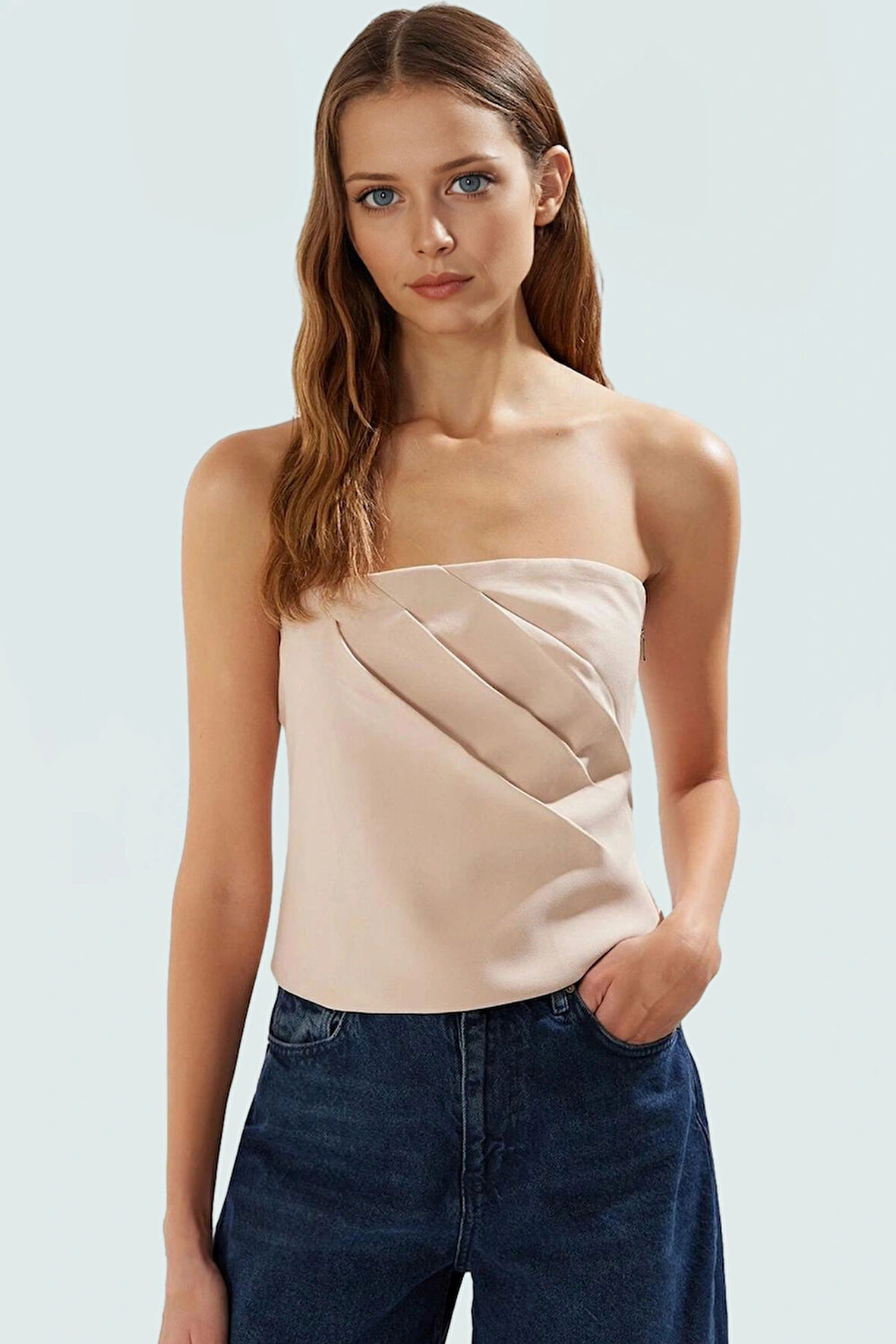 Yazlık Straplez Bluz Finike Dokuma Kolsuz Fitted Kalıp Premium Kalite Özenle Seçilmiş