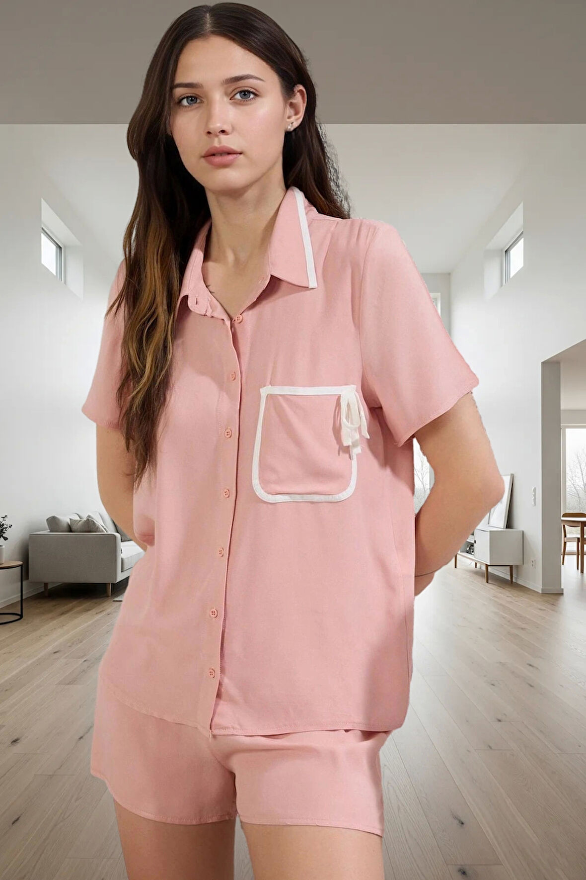 Şortlu Pijama Takımı %100 Viskoz Regular Gömlek Yaka Yazlık Ev Giyim Konforlu Kesim