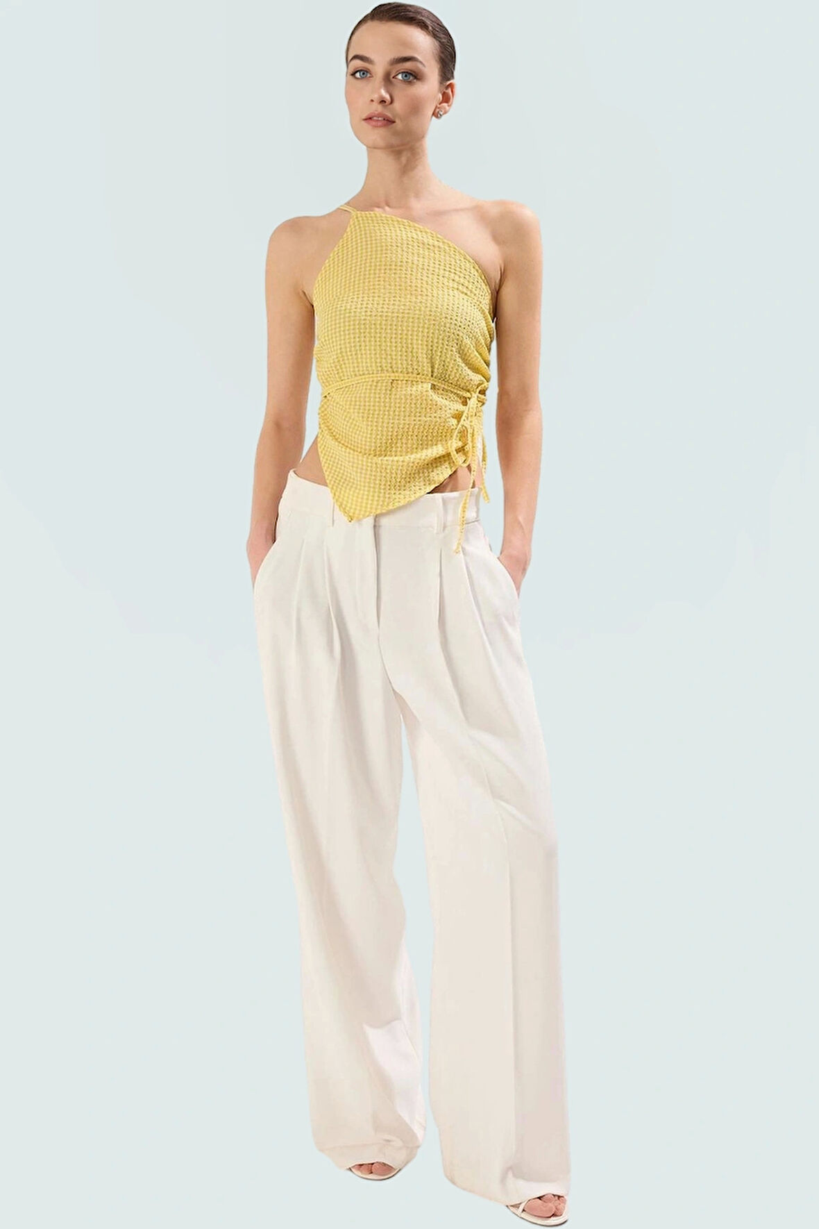 Uzun Boy Gofre Dokuma Bluz Çizgili İnce Askılı Rahat ve Şık Fitted Trend Tasarım