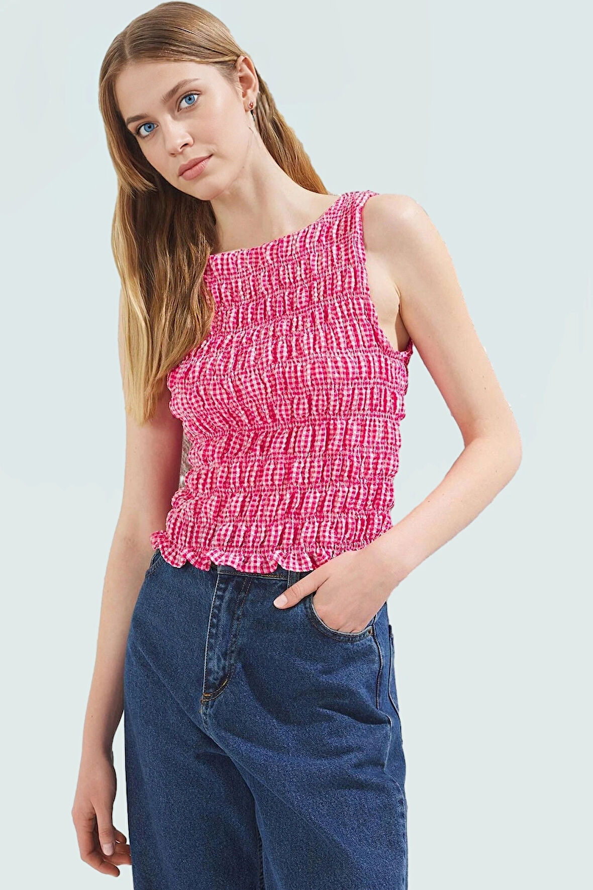 Kayık Yaka Ekose Bluz Rahat Şık ve Nefes Alabilir Dokuma Kumaş Premium Kalite