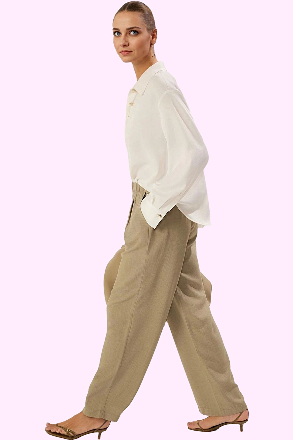 Kadın Yüksek Bel Geniş Paça Dokuma Pantolon Keten Görünümlü Polyester Yaz Günlük Kombinler