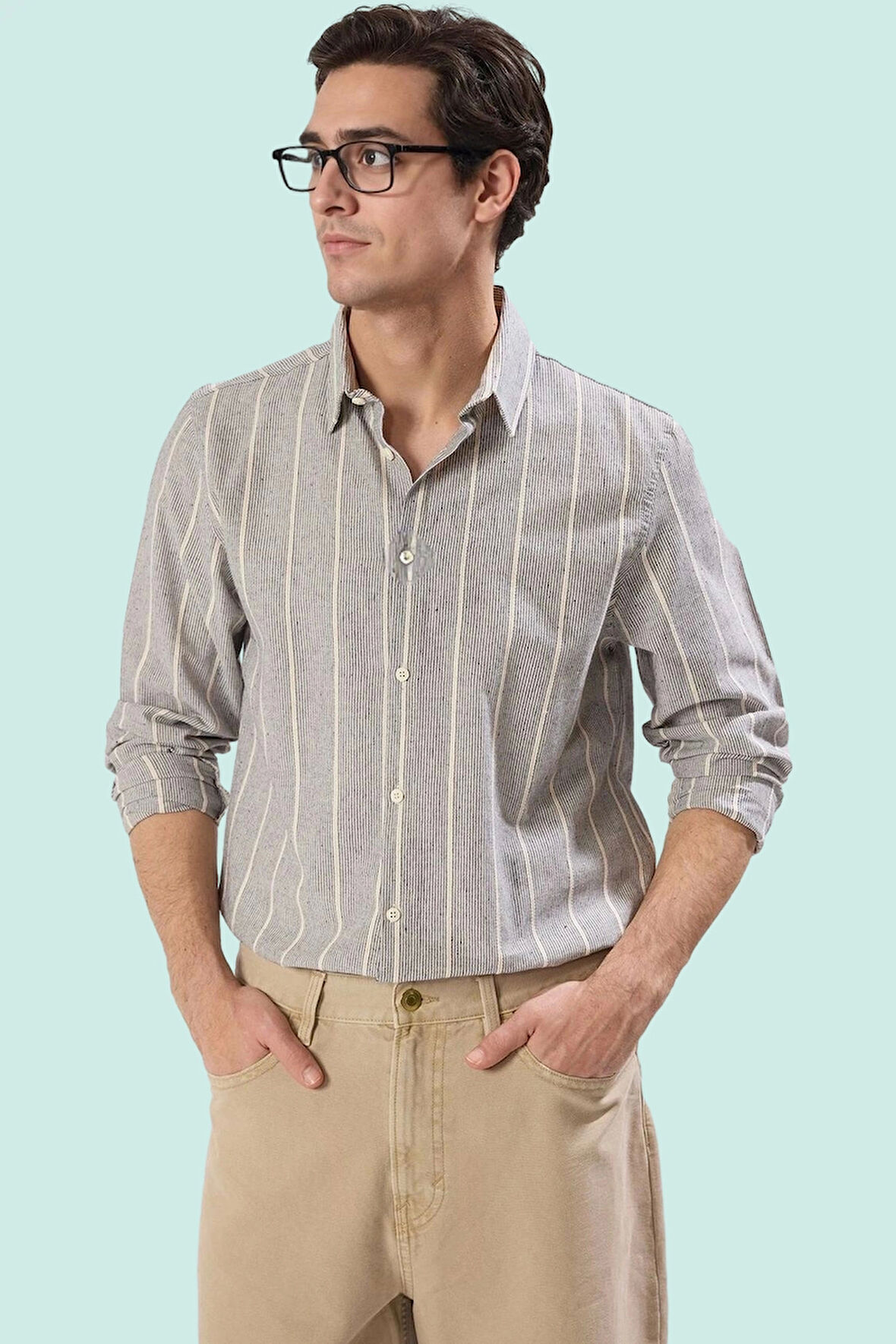 Erkek Basic Siluet Dokuma Gömlek Uzun Kollu Çizgili Pamuk Günlük Şıklık Yaz Aylarının Vazgeçilmezi