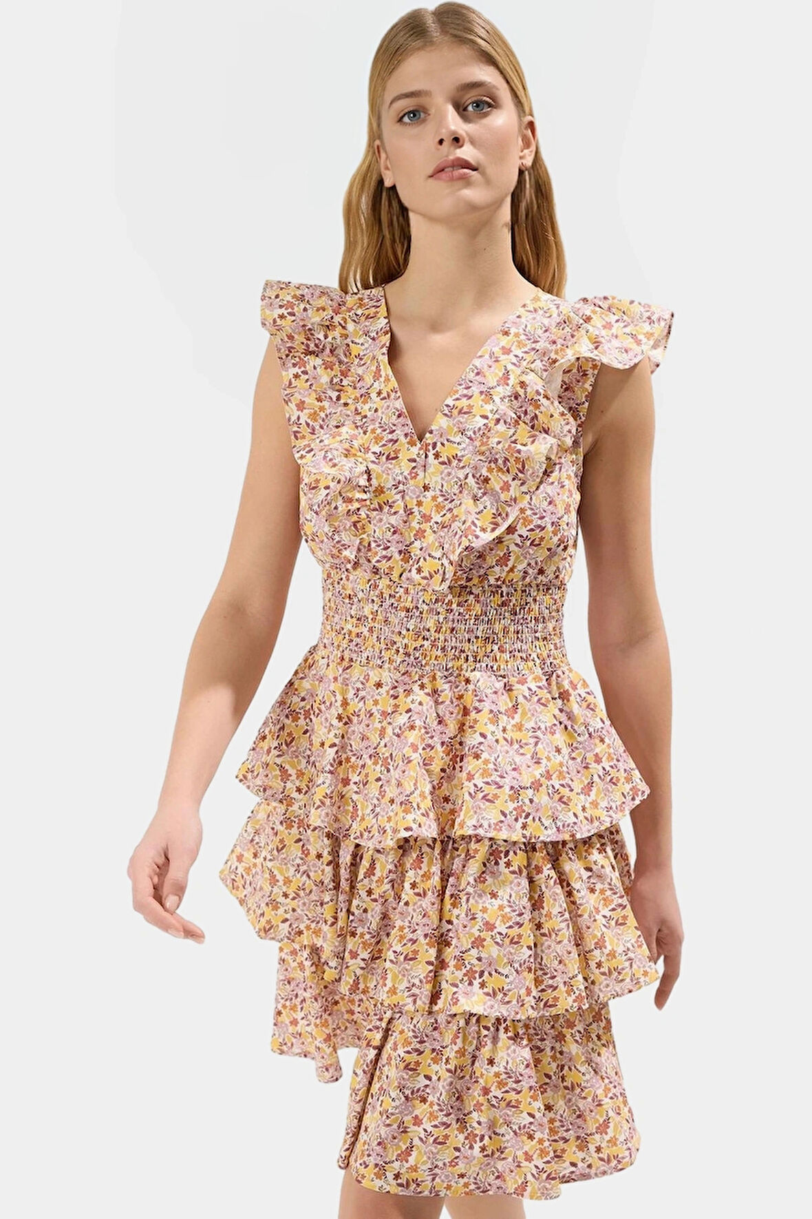 Rahat ve Şık Mini Elbise Çiçek Desen Skater Kalıp %Pamuk Yazlık