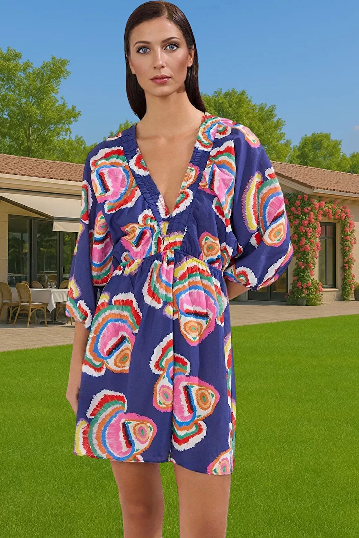 V Yaka Balon Kollu Mini Plaj Elbisesi %100 Pamuk Dokuma Özenle Seçilmiş Profesyonel Görünüm