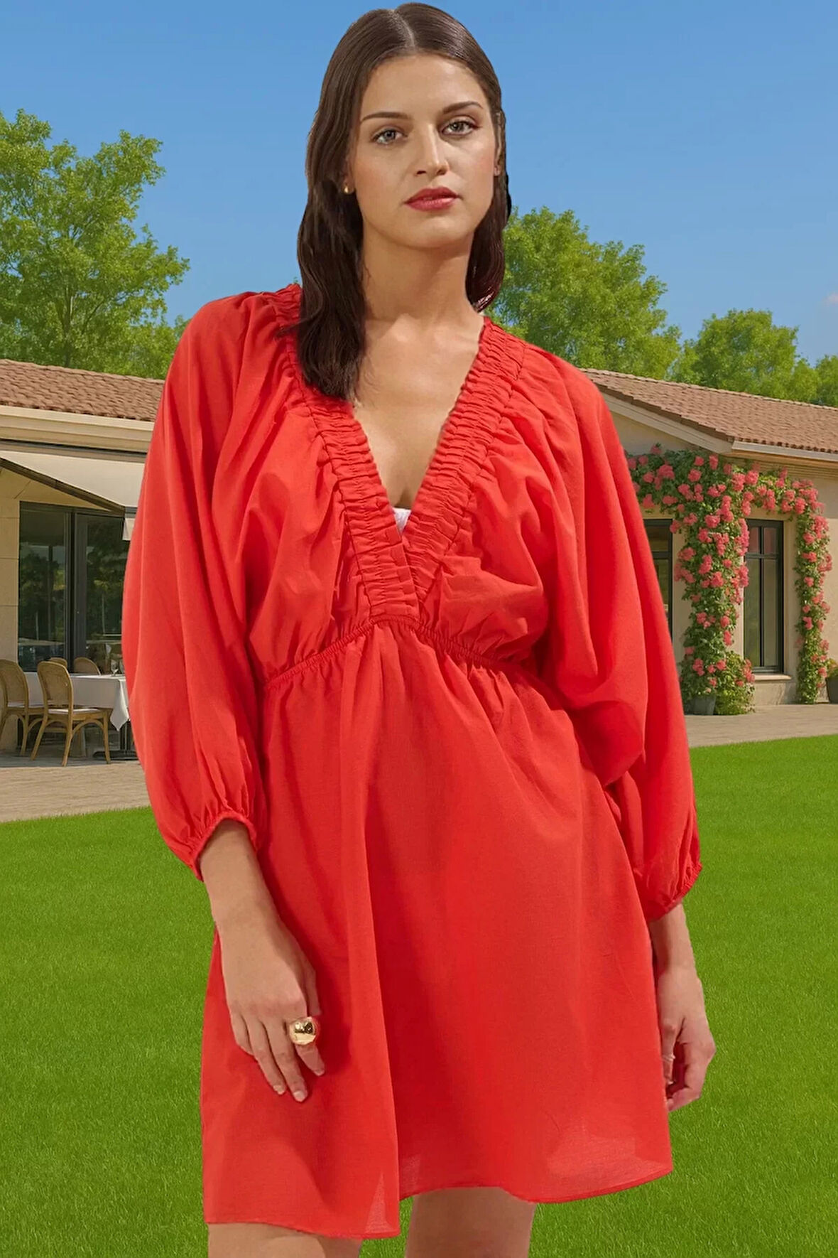 V Yaka Balon Kollu Mini Plaj Elbisesi %100 Pamuk Dokuma Özenle Seçilmiş Profesyonel Görünüm