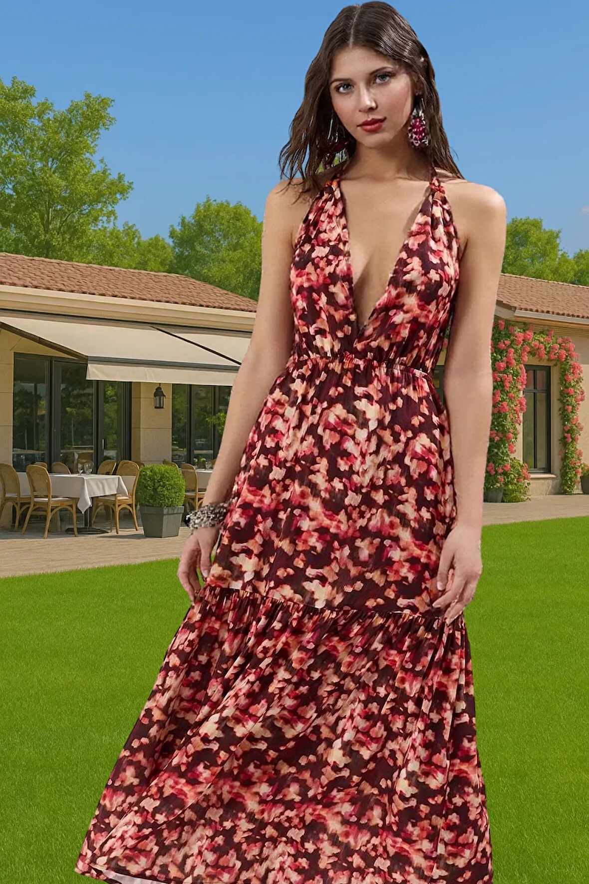 Yazlık Plaj Elbisesi Batik Desenli A Line Maxi 100% Viskoz Kumaş Şık Görünüm Trend Tasarım