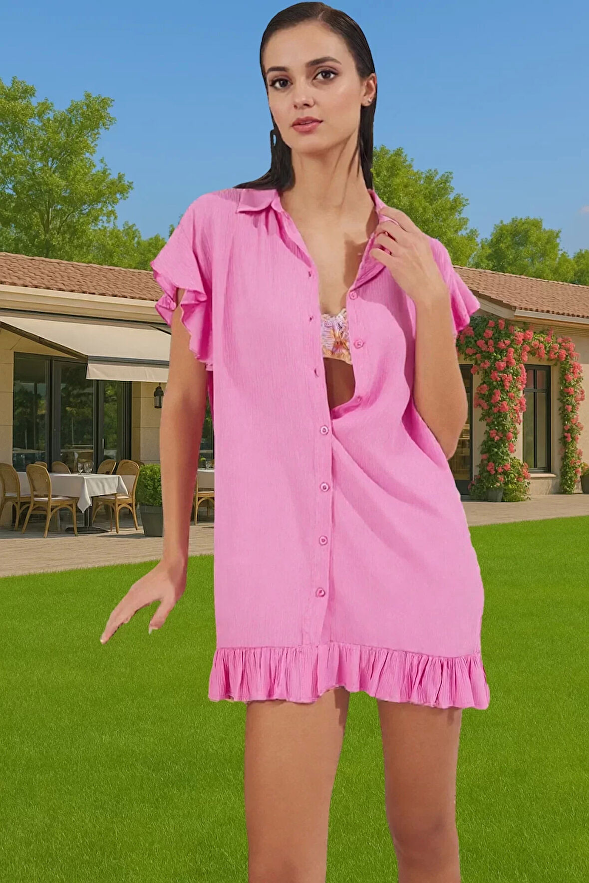 Rahat Yazlık Kadın Crinkle Dokuma Mini Plaj Elbisesi Tek Kol Günlük Kullanım İçin Rahat Kullanım