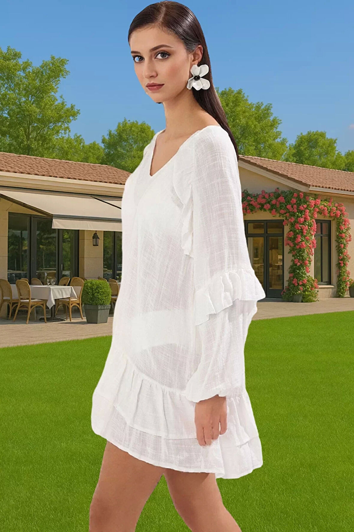 Kadın Crinkle Dokuma Tek Kol Mini Plaj Elbisesi Rahat Yazlık Mükemmel Uyum Özel Tasarım Modern Stil