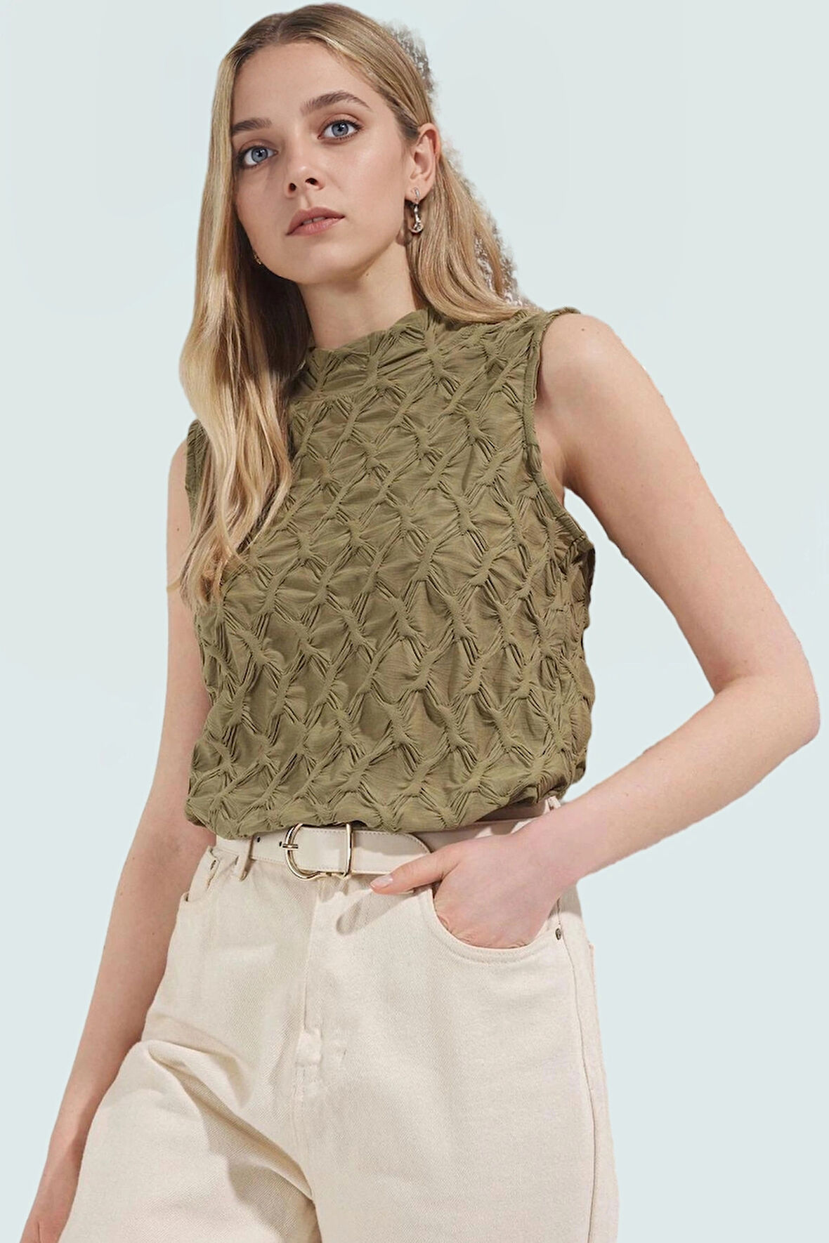 Dik Yaka Kolsuz Bluz Regular Kalıp Gofre Dokuma Polyester Yazlık Yüksek Kalite