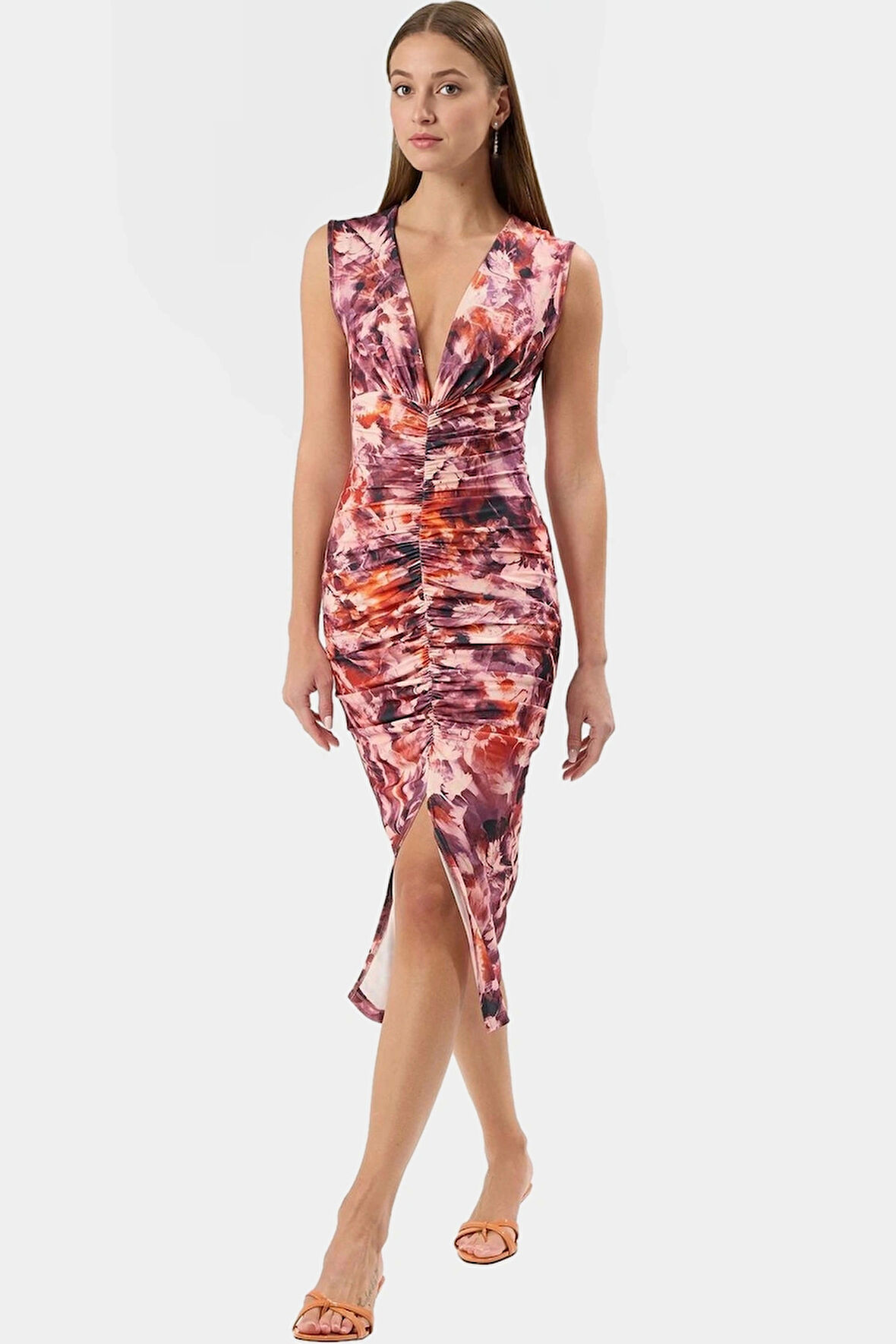 Midi Boy V Yaka Büzgü Detaylı Elbise Esnek Örme Kumaş Bodycon Kalıp 120 cm Uzunluk Premium Kalite