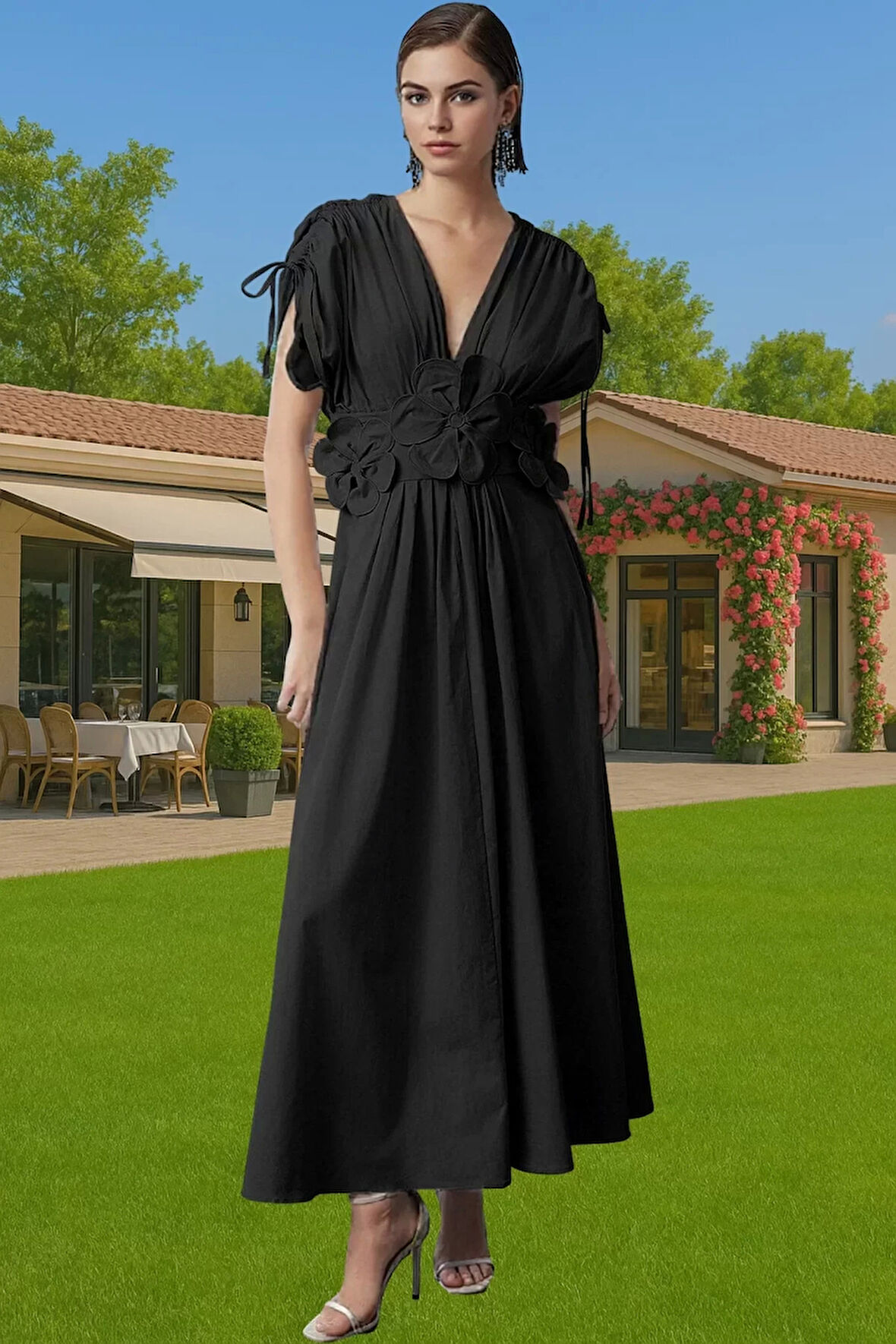 Kadın Yazlık Poplin Abiye Elbise 3D Çiçek Detay Midi Boy Modern Stil Zarifane Tasarım