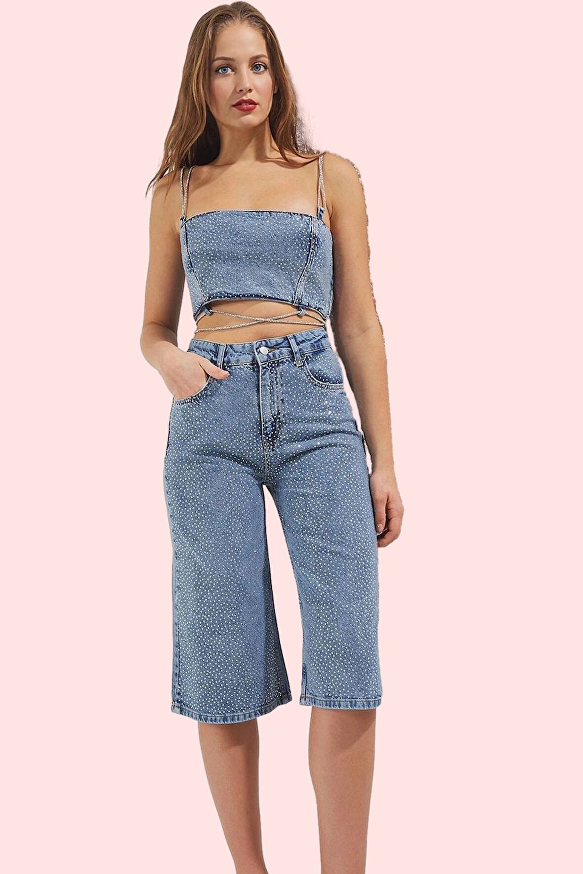 Kadın Geniş Paça Denim Bermuda Şort Taş Baskılı Rigid Dokuma Pamuk Günlük Kullanım Hafta Sonu