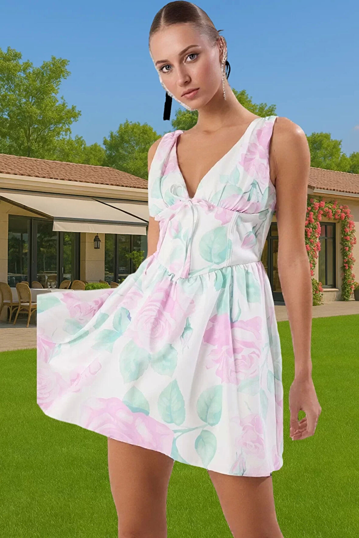 Kısa Astarlı V Yaka Elbise Yazlık Polyester Kaliteli İşçilik Mükemmel Uyum Seçkin Malzeme