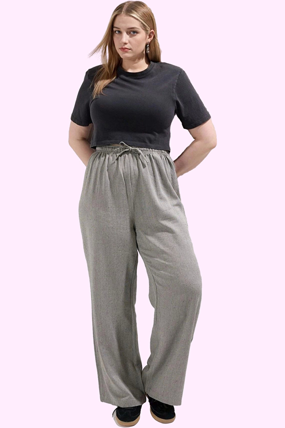 Kadın Büyük Beden Keten Görünümlü Dokuma Pantolon Yüksek Bel Geniş Paça Yazlık Günlük Kullanım