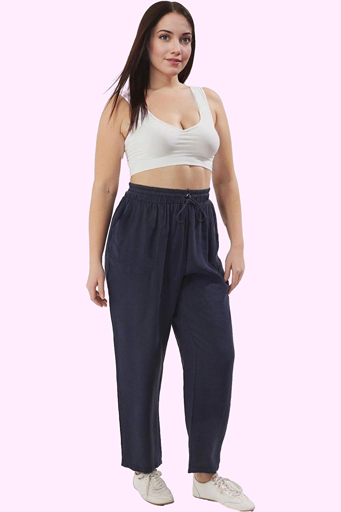 Kadın Büyük Beden Dokuma Pantolon Yüksek Bel Geniş Paça İlkbahar Sonbahar Günlük Kombinler