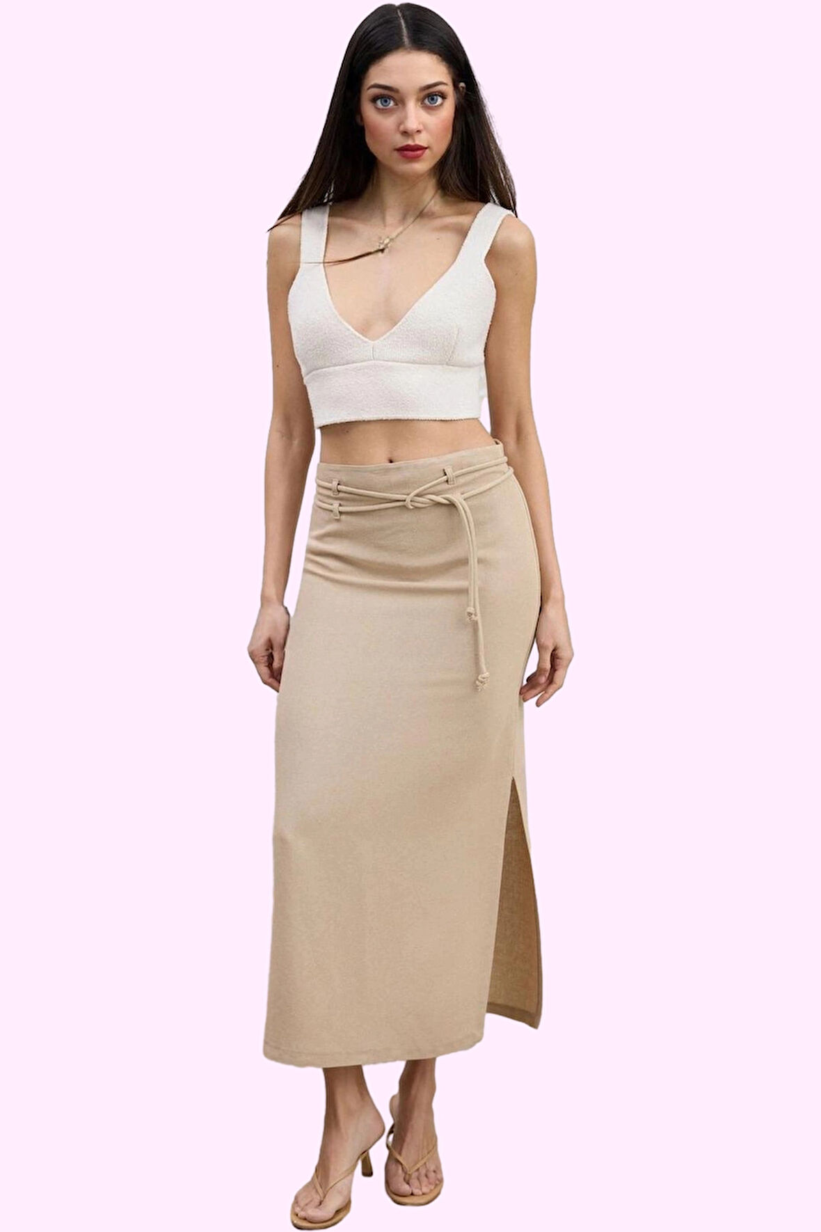 Kadın Renk Yandan Yırtmaçlı Maxi Etek Keten Karışımlı Dokuma Kumaş Yaz Aylarının Vazgeçilmezi