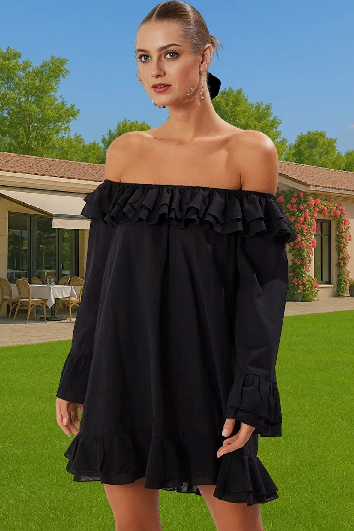 Rahat Yazlık Pamuk Mini Elbise Fırfırlı Carmen Yaka Tasarım Rahat Kullanım Özenle Seçilmiş