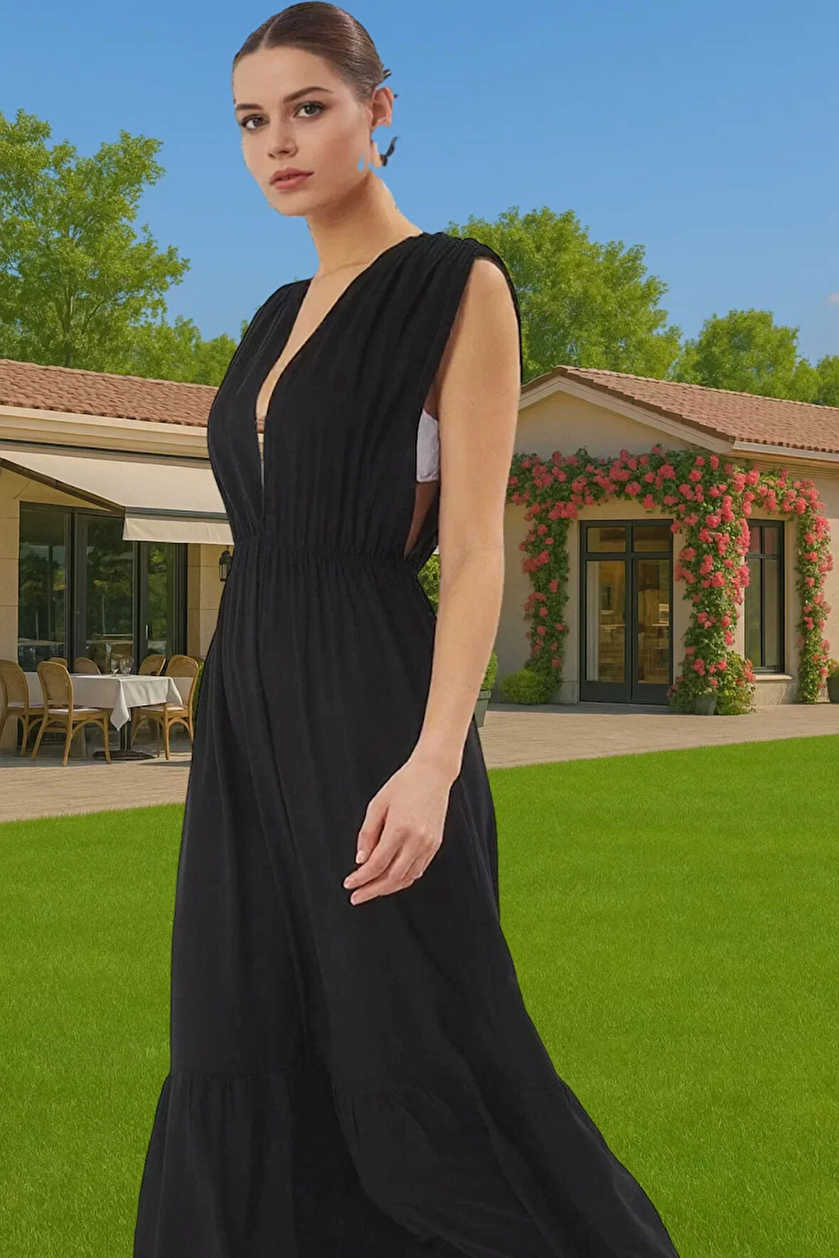 Yazlık Şık V Yaka Maxi Elbise Büzgü Detaylı Plaj Mükemmel Uyum Modern Stil Uzun Ömürlü Yüksek Kalite