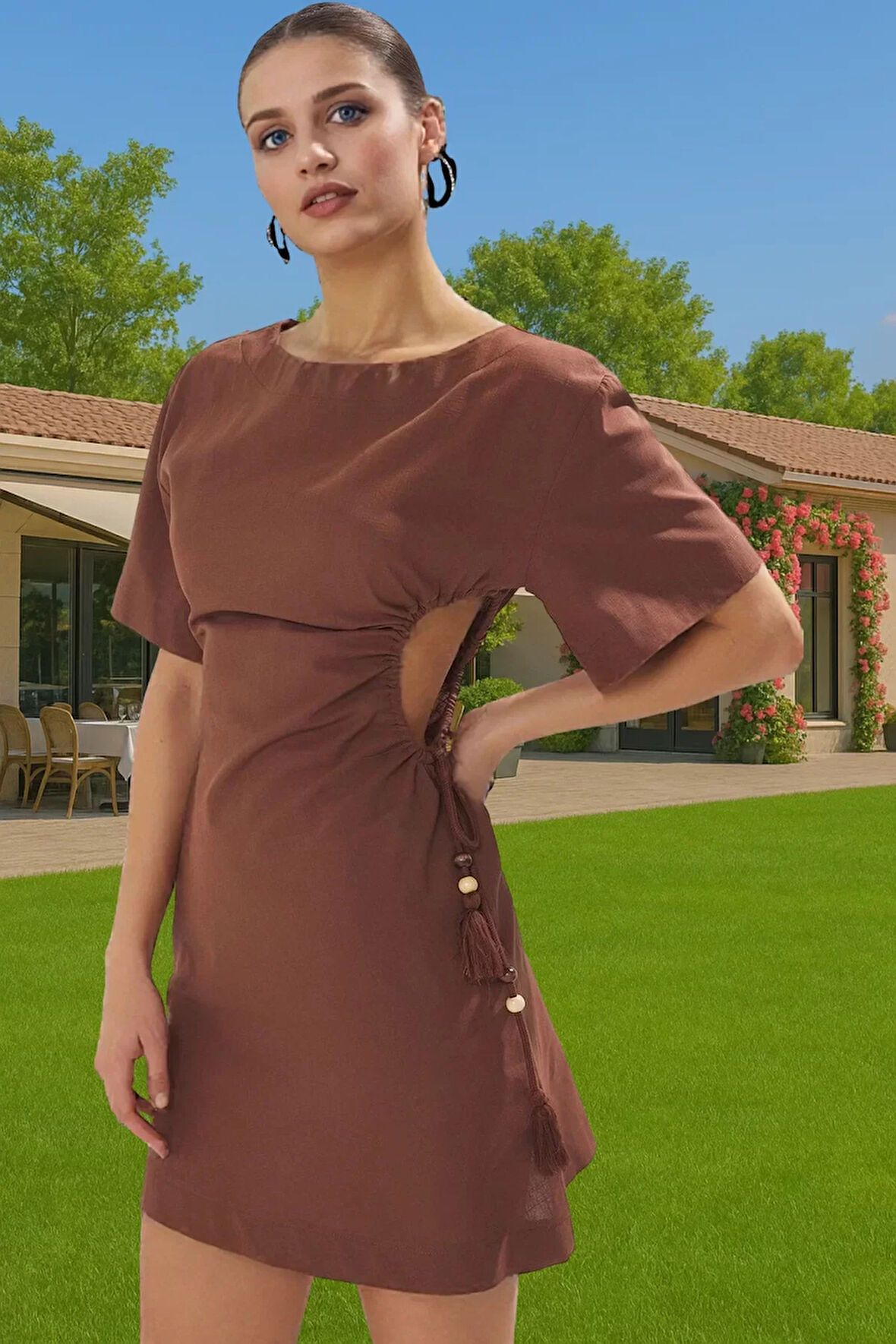 Kadın Bodycon Mini Pamuk Plaj Elbisesi Cut Out Detaylı Yüksek Kalite Trend Tasarım Mükemmel Uyum