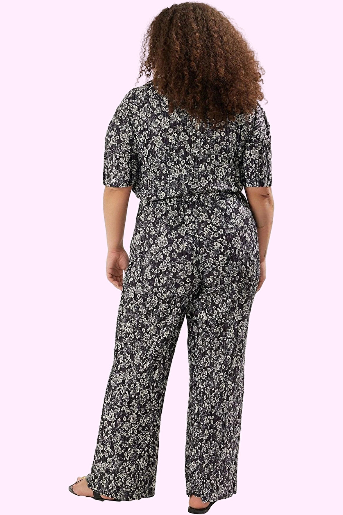 Kadın Çiçek Desenli Örme Pantolon Geniş Paça Yüksek Bel Büyük Beden Casual Günlük Kullanım