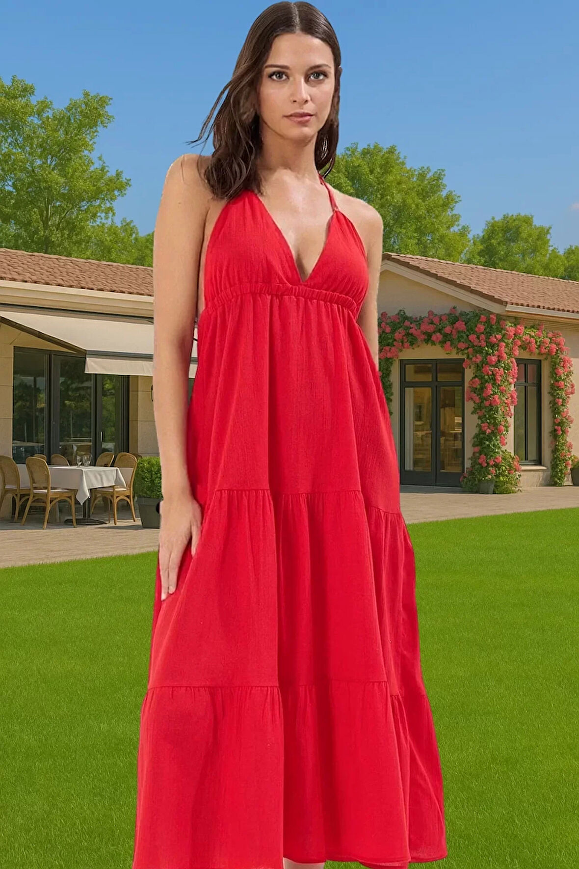 Feminen A Line Maxi Elbise Pamuk Viskoz Crinkle Dokuma Yazlık Özenle Seçilmiş Premium Kalite