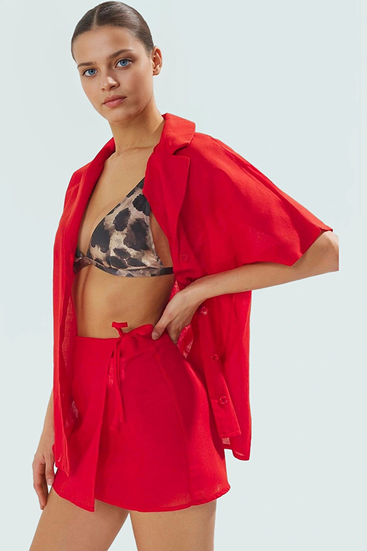 Yazlık Plaj Takımı Pamuklu Dokuma Gömlek Etek Şık ve Rahat Uzun Ömürlü