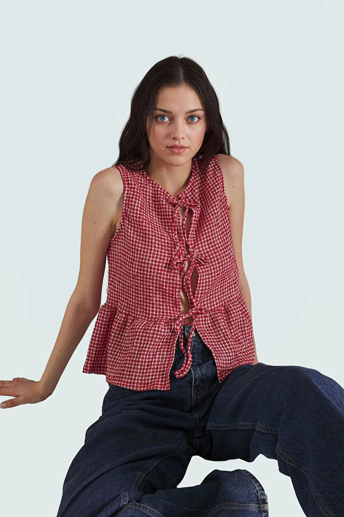 Yazlık Casual Ekose Peplum Bluz Bağcıklı Bisiklet Yaka Polyester Uzun Ömürlü