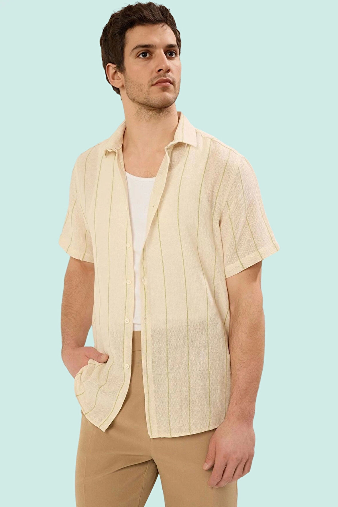 Erkek Yazlık Regular Fit Gömlek Kısa Kol Çizgili Rahat Günlük Hafta Sonu Dayanıklı Malzeme