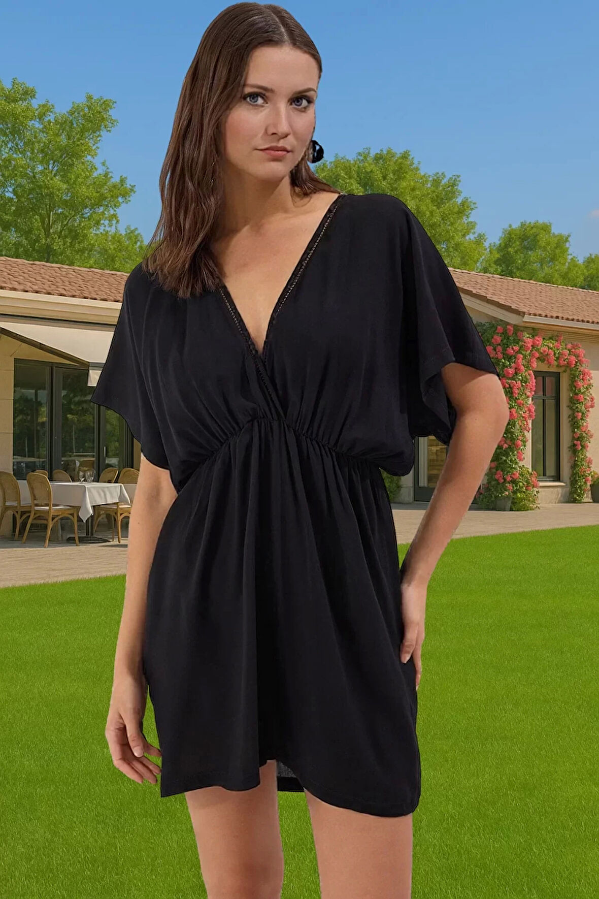 Rahat Kalıp Çiçek Desenli Viskoz Mini Elbise Yazlık Plaj Özenle Seçilmiş Rahat Kullanım Özel Tasarım