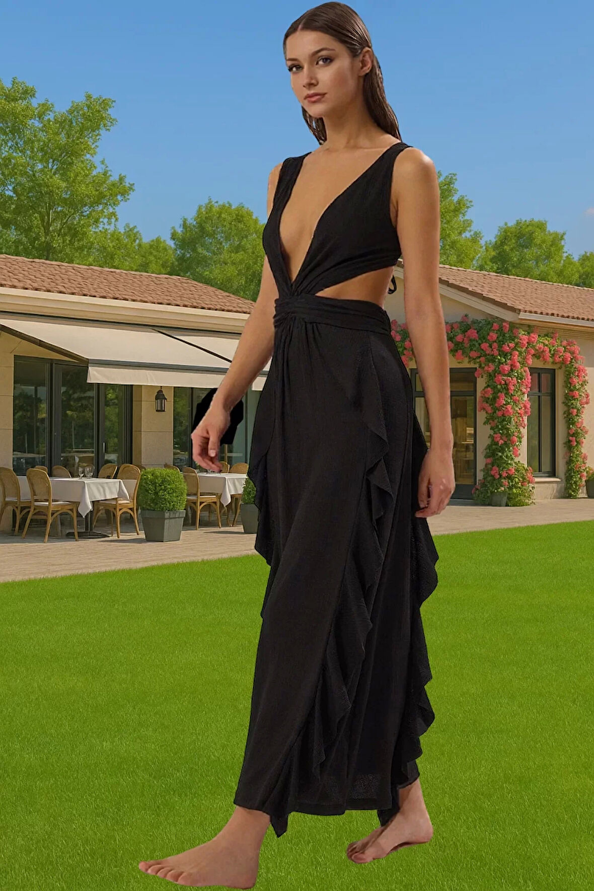 Bodycon Maxi Örme Elbise Cut Out Detay Yazlık Plaj Giyim Dayanıklı Malzeme Yüksek Kalite Modern Stil