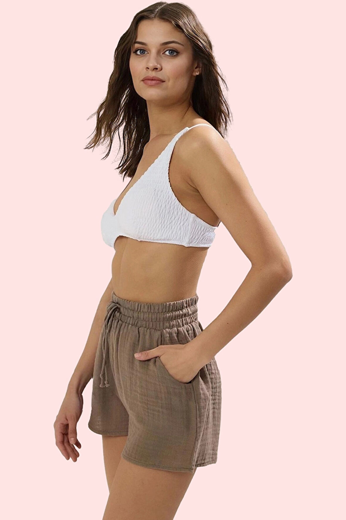 Kadın Kısa Boy Müslin Şort Geniş Paça Normal Bel Pamuk Plaj ve Günlük Kullanım Özel Günler