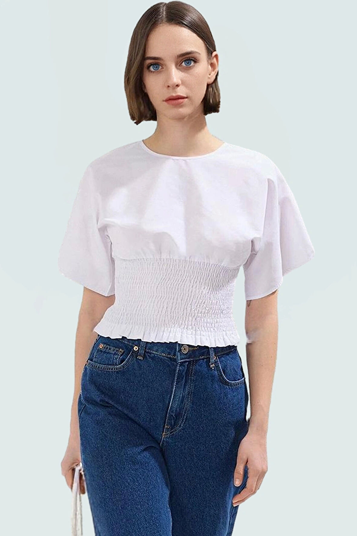 Kısa Kollu Bluz Terrycotton Kumaş Regular Kalıp Bisiklet Yaka Konforlu Kesim