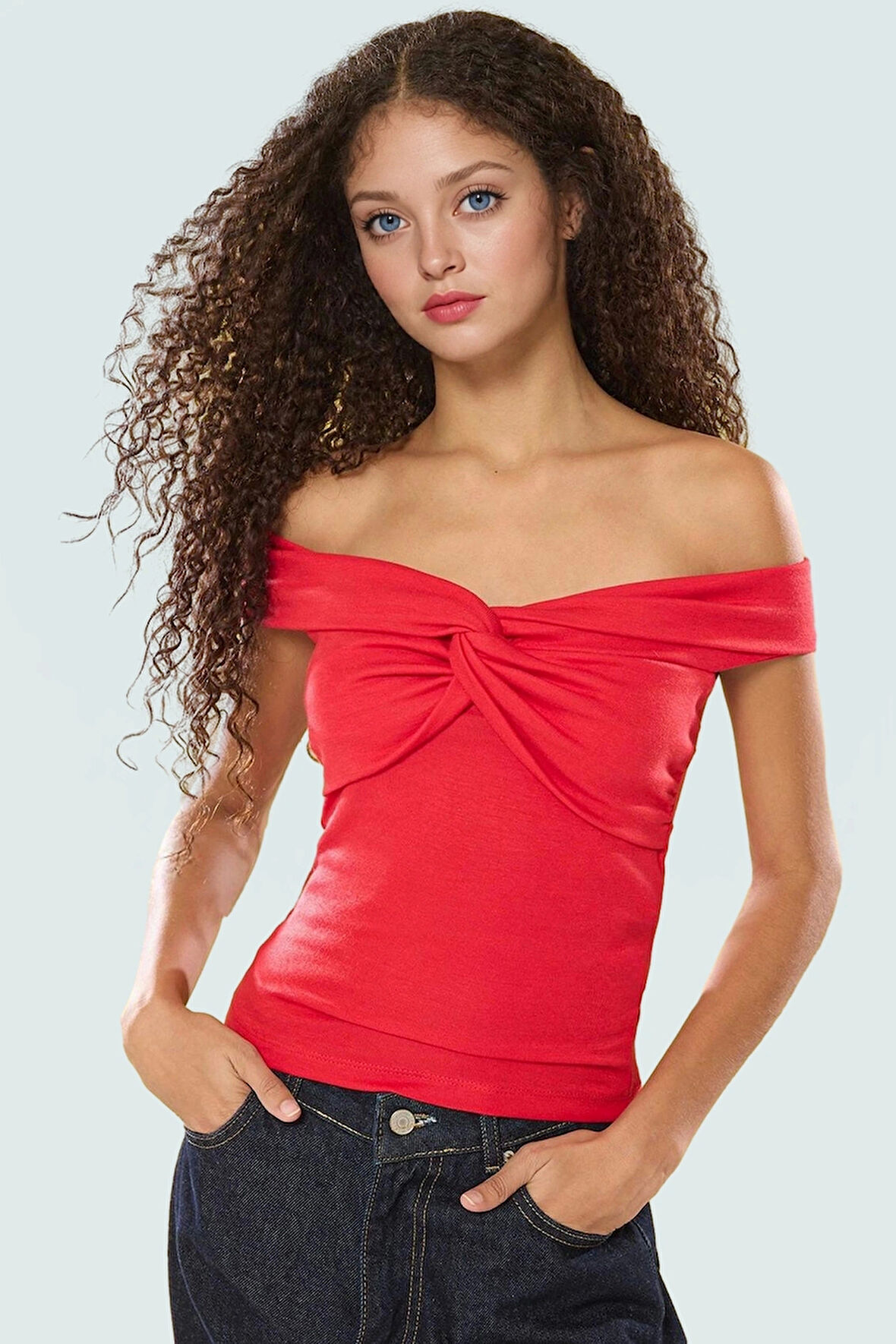 Yazlık Crop Bluz Renk Carmen Yaka Fitted Viskon Ribana Kumaş Modern Stil Rahat Kullanım