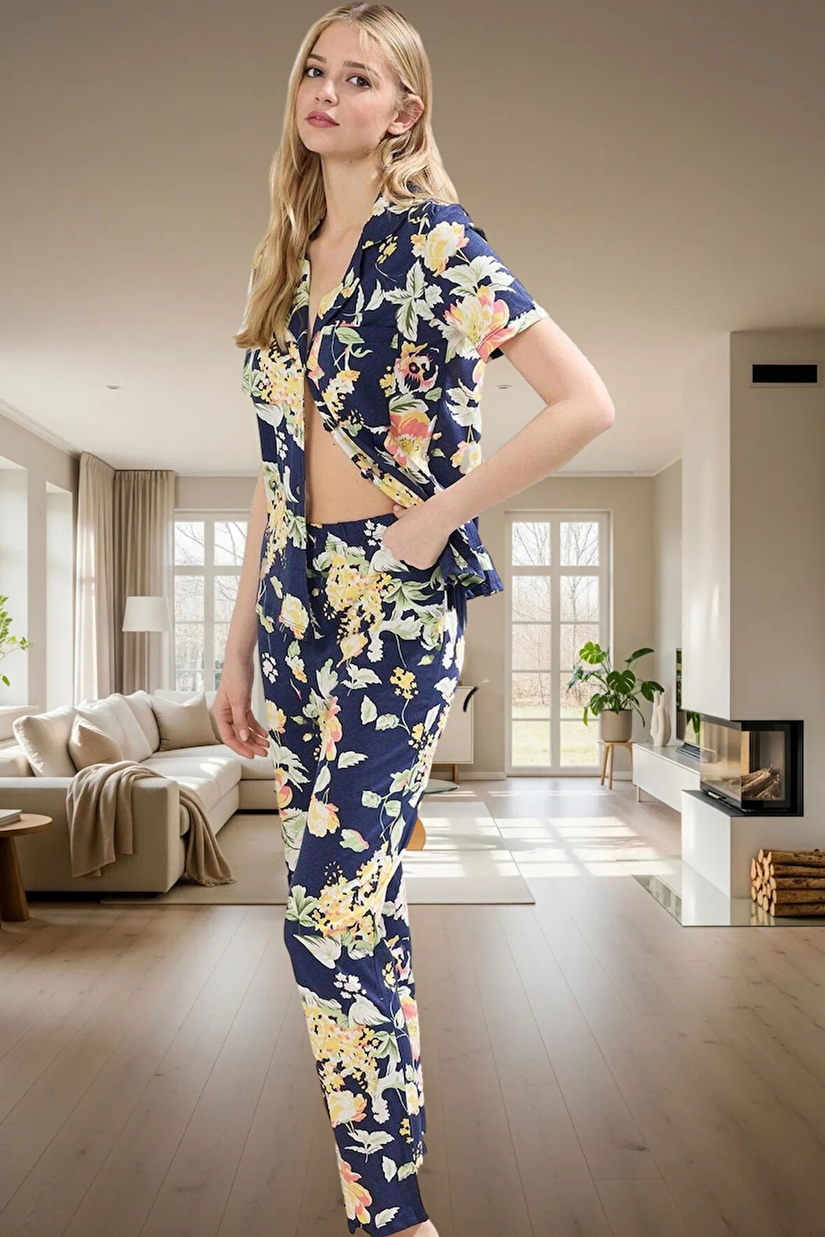 2'li Homewear Pamuklu Örme Pijama Takımı Çiçekli Desen Regular Kalıp Şık Görünüm