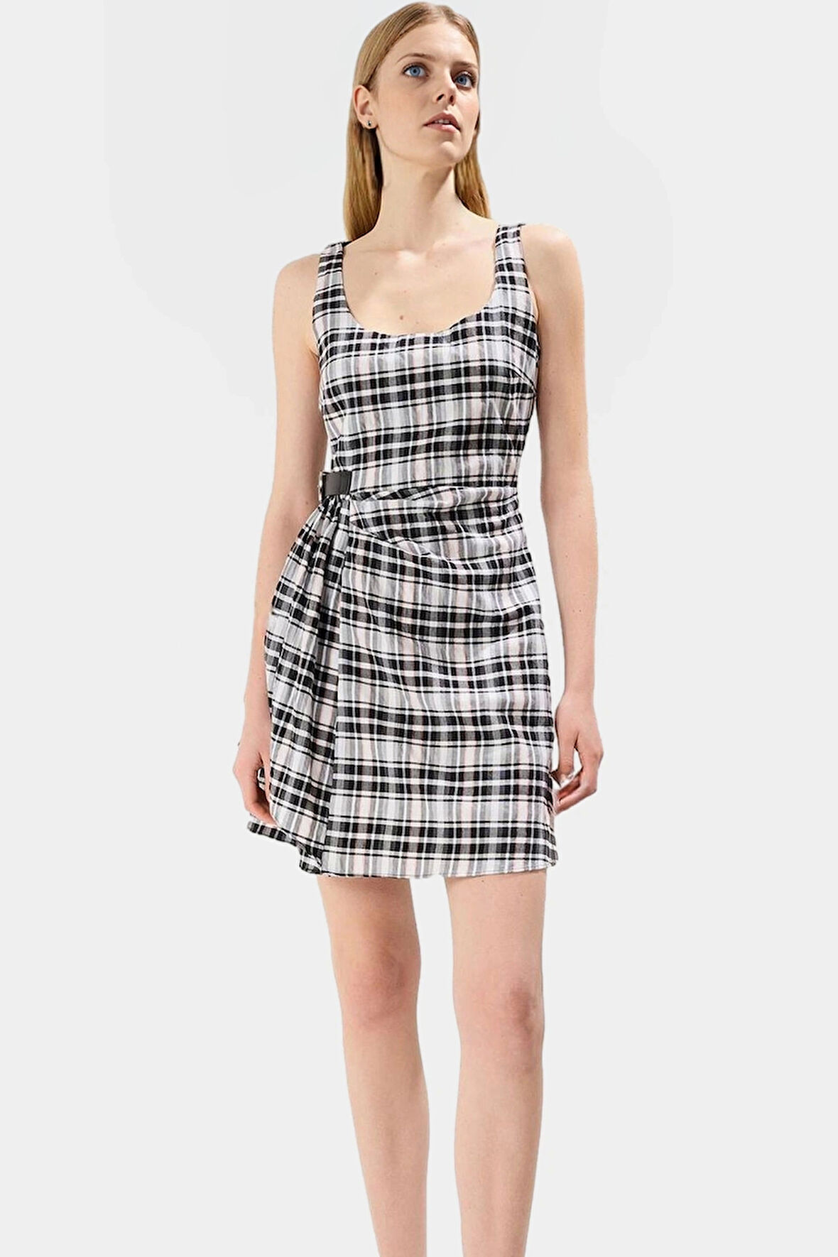 Şık A Kesim Ekose Mini Elbise 80 Pamuk 20 Polyester Dokuma Kumaş Kaliteli İşçilik Seçkin Malzeme