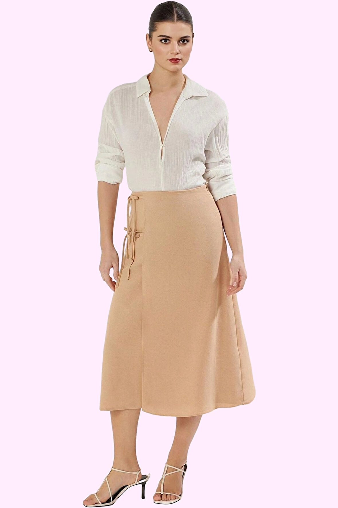 Kadın Yandan Bağcıklı Sarong Silüet Maxi Etek Dokuma Keten Görünümlü Günlük Modern Tasarım