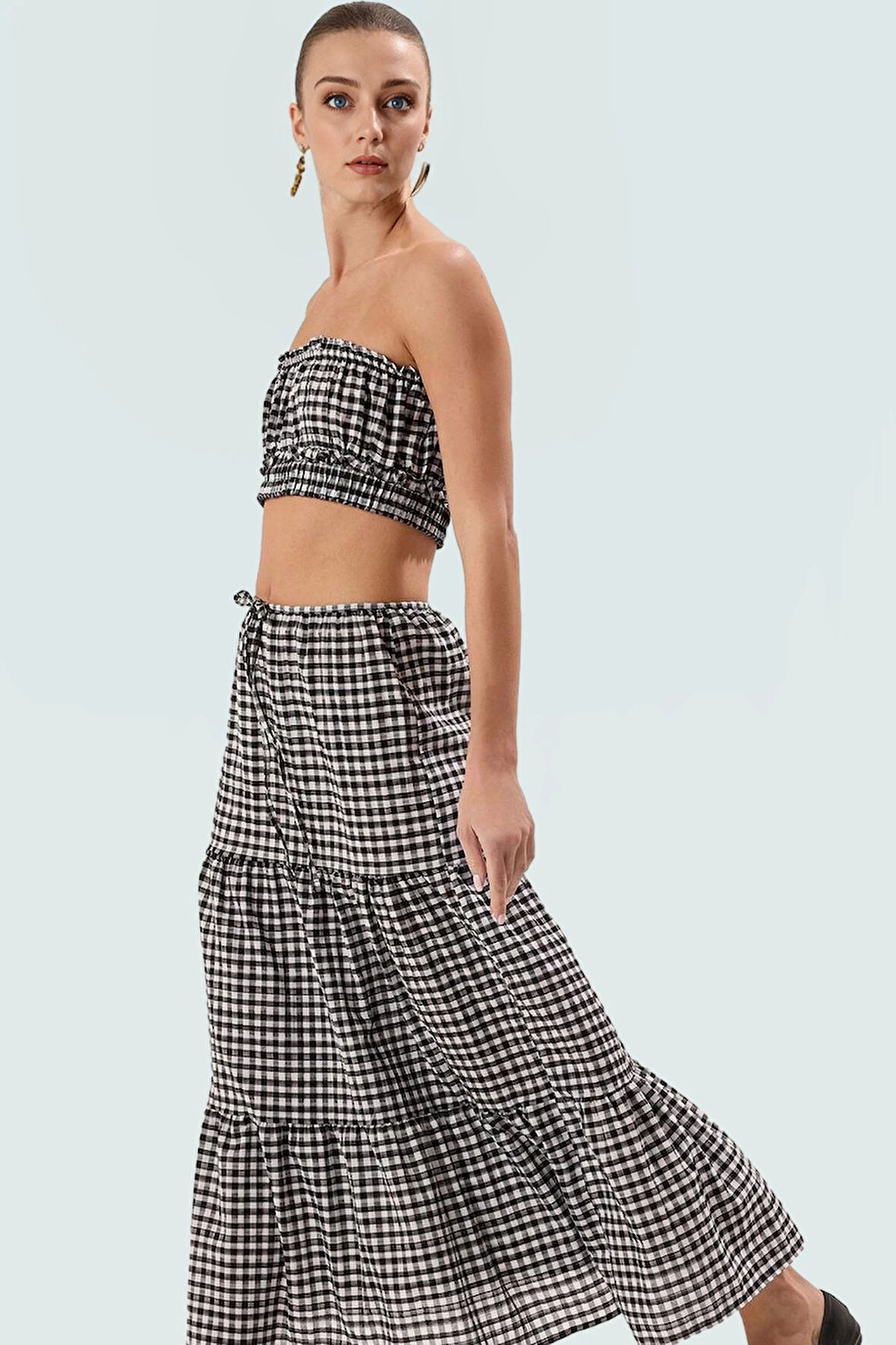 Şık Ekoseli Crop Bluz Etek Takım Yazlık Pamuklu Dokuma A line Günlük Kullanım İçin