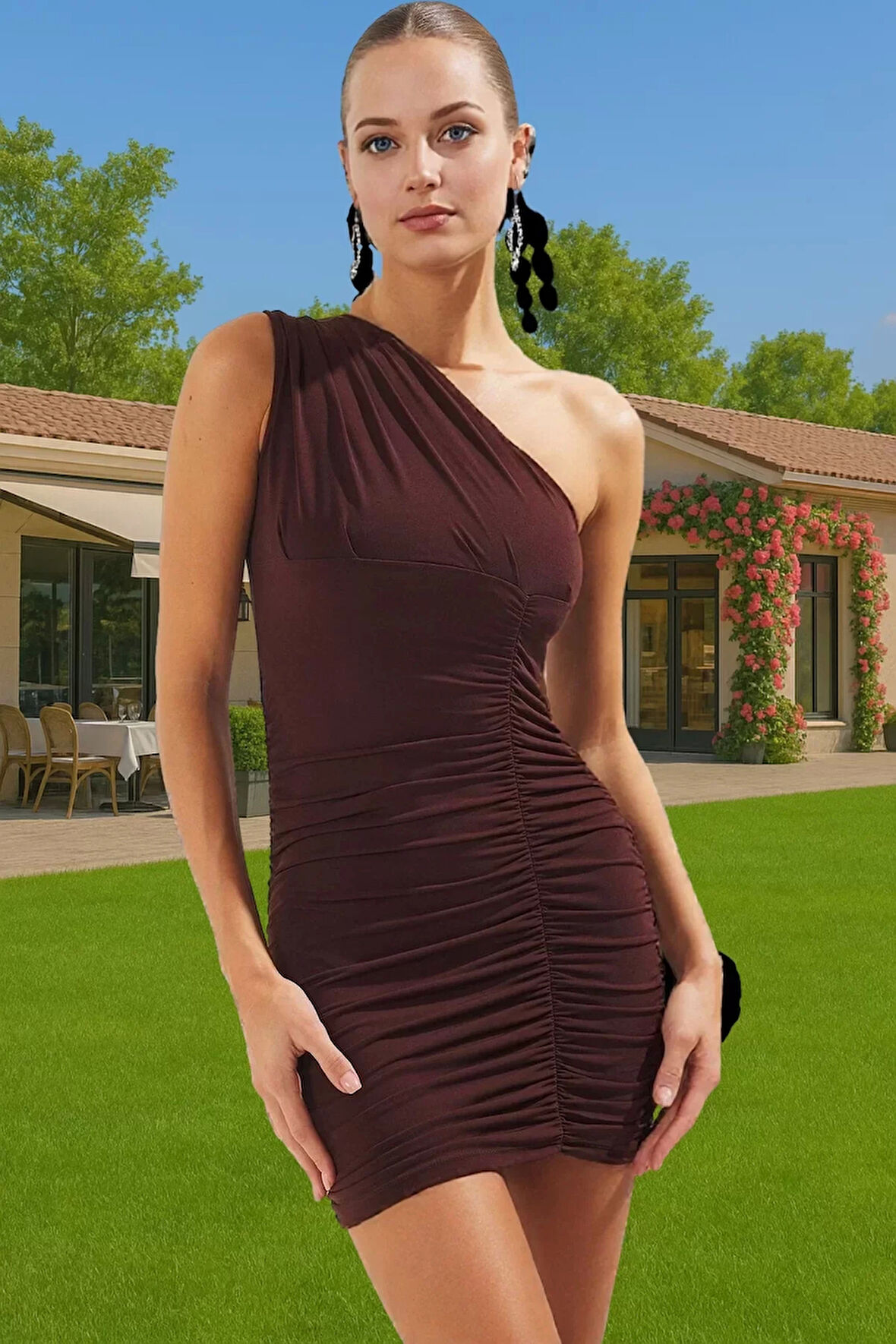 Asimetrik Yaka Drapeli Mini Elbise Polyester Elastan Yazlık Dayanıklı Malzeme Premium Kalite