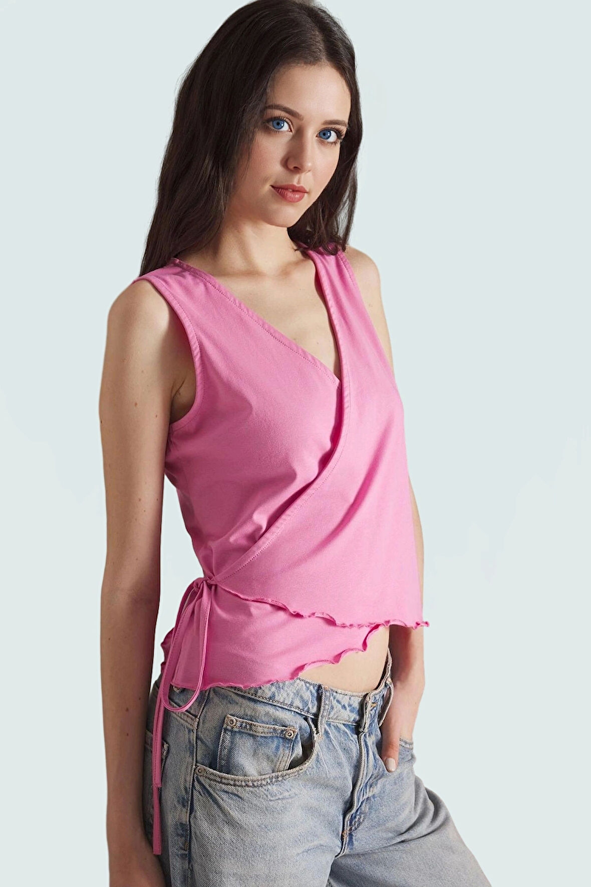 Crop Anvelop Bluz V Yaka Likralı Penye Günlük Tarz Rahat Ve Şık Uzun Ömürlü